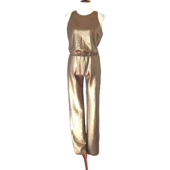 BCBGMaxAzria Gold Sequins Jumpsuit M Cocktail Party Holidays Lowe - Picture 6 of 16